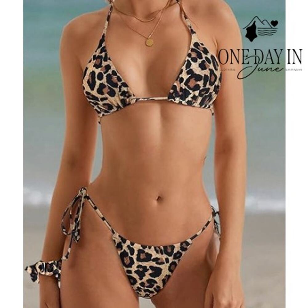 CharmLeaks Leopard Triangle Tie Side Ruched Bikini Swimsuit Size S